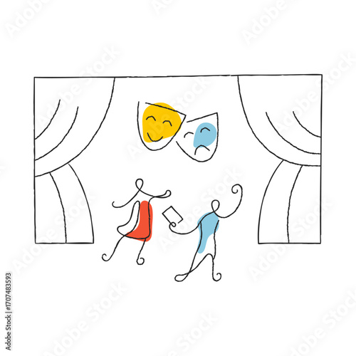 Actors on theatre stage minimalist vector illustration