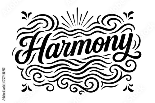 Harmony Waves. “Harmony”. modern hand lettering, smooth curves, balanced composition, clear readable letters,