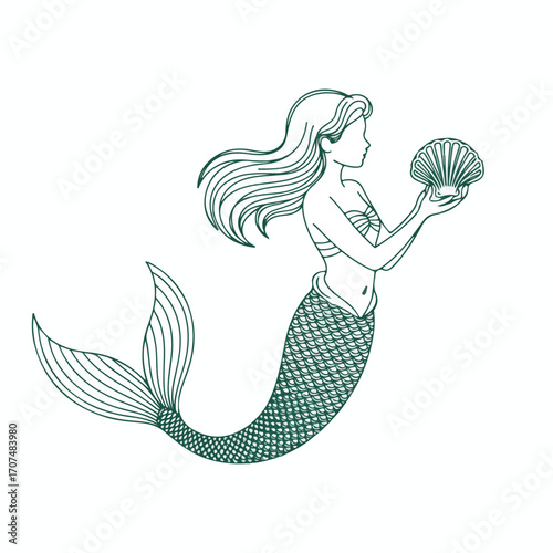 Continuous Simple black line art drawing of a mythological mermaid in a minimalist style on a white background.