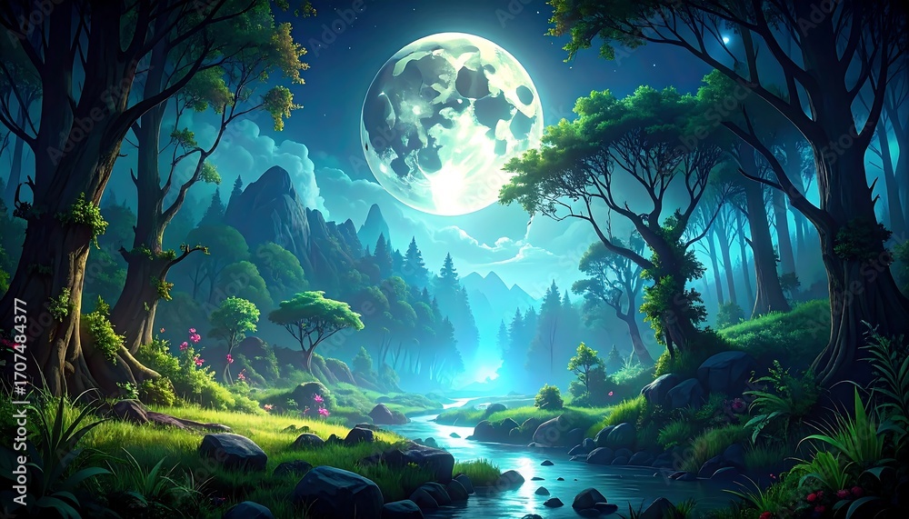 Obraz premium A moonlit fantasy scene unveils a river meandering through a lush forest, framed by trees under a starry, mystical sky