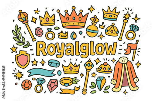Royalglow Doodle Extravaganza. Royalglow. Hand-drawn doodle illustration of Royalglow. crowns, jewels,