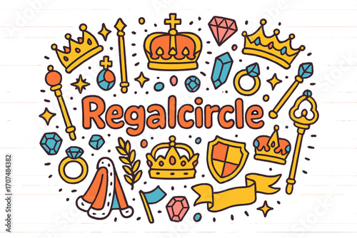 Regalcircle Doodle Art. Regalcircle. Hand-drawn doodle illustration of Regalcircle. crowns, jewels, scepters,