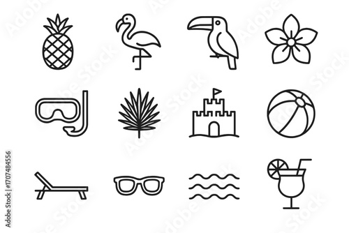 Tropical Paradise Icons. Tropical Paradise. Line outline icon set of Tropical Paradise: pineapple, flamingo,