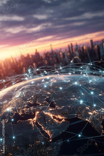 Global Network Connections over Earth. Digital connections and glowing city lights create a sense of worldwide communication and progress.