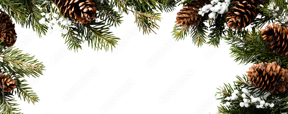 Naklejka premium Christmas pine branches with pine cones and snow isolated on transparent background