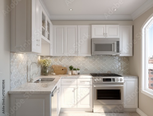 White kitchen cabinetry with light gray speckled countertop and fishscale tiles.