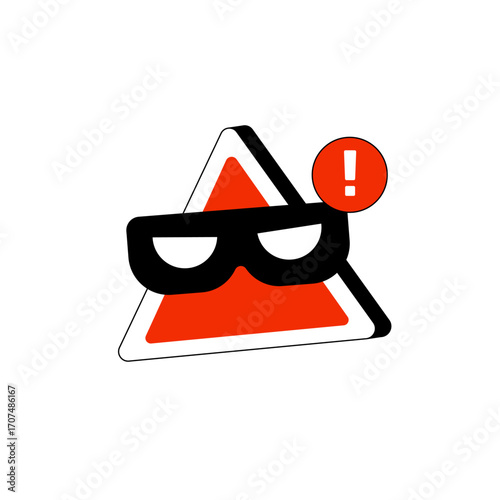 Vector illustration of a warning sign with a thief mask and exclamation mark — concept of cybercrime, online fraud, data theft, and security alert. Flat minimalistic design on yellow background.