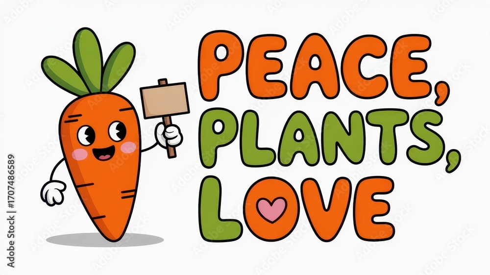 Naklejka premium Playful carrot character promoting peace and love in a vibrant, cheerful design celebrating nature's bounty. World Vegan Day