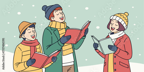 Christmas carolers illustration. Group of people singing carols in snowy streets, holding songbooks and wearing winter clothes. Joyful and festive holiday music concept. happy couple in winter clothes