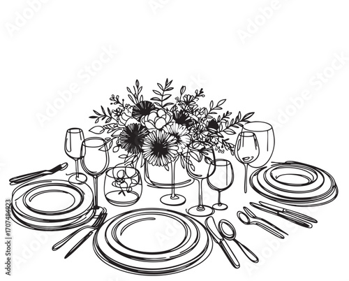Hand drawn dinner table with flowers vector illustration. Sketch