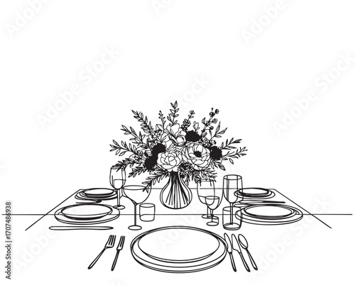Hand drawn dinner table with flowers vector illustration. Sketch