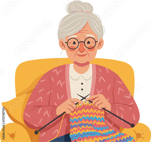 Happy elderly woman knitting colorful yarn, senior lady crafting, cozy hobby, grandmother at home, knitting needles, relaxing pastime, warm sweater making