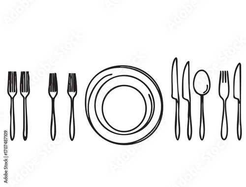 plate, forks and spoons sketch