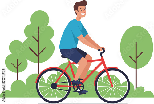 Happy young man riding bicycle outdoors, casual cycling exercise, park nature activity, healthy lifestyle, fitness, eco-friendly transport, leisure time, summer day