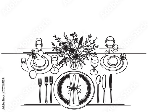 Hand drawn dinner serving table with flowers vector illustration. Sketch