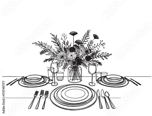 Hand drawn dinner serving table with flowers vector illustration. Sketch