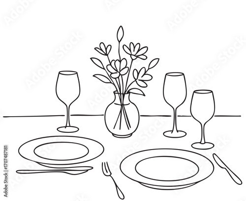 Hand drawn dinner serving table with flowers vector illustration. Sketch