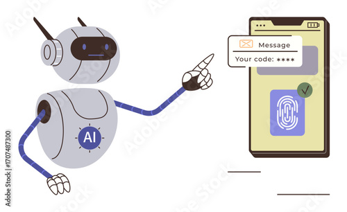 Robot pointing to smartphone displaying fingerprint scanner, OTP message. Ideal for AI, security, authentication, innovation, biometric technology, fintech communication. Simple flat metaphor