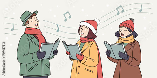 Christmas carolers illustration. Group of people singing carols in snowy streets, holding songbooks and wearing winter clothes. Joyful and festive holiday music concept. happy family in winter