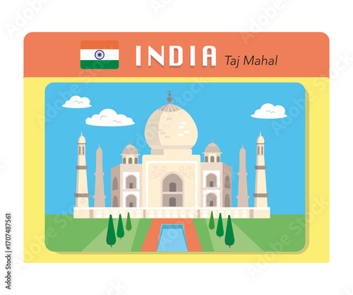Taj Mahal, famous palace in India. Landmark and symbol of country. Isolated flat vector illustration on background.