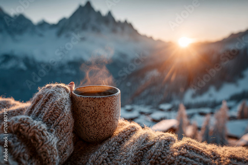 Woman with cup of coffee by winter mountains. Cozy picnic with thermos of hot steamy beverage tea on beach. Girl is enjoying nature, life, relaxation, Christmas mood.