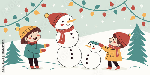 Building a snowman illustration. Children creating snowmen, wearing scarves and hats, surrounded by snowy landscape and Christmas decorations. Fun and festive winter holiday concept.