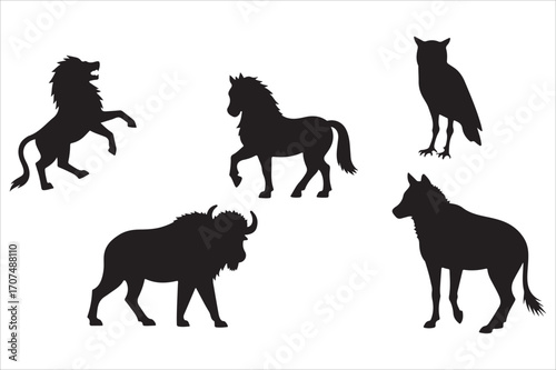 Collection of diverse wildlife silhouettes, featuring a majestic lion, graceful horse, wise owl, powerful bison, and striped zebra, ideal for design and educational projects