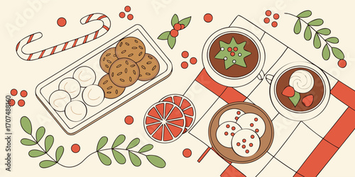 Christmas food and treats illustration. Cookies, candy canes, gingerbread, hot chocolate, and festive desserts on decorated table. Cozy and delicious holiday cochristmas cookies on a wooden background