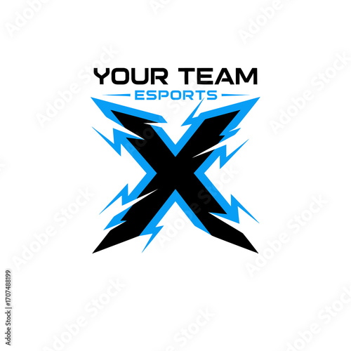 A modern esports team logo featuring a stylized black letter X with a vibrant blue lightning bolt outline.