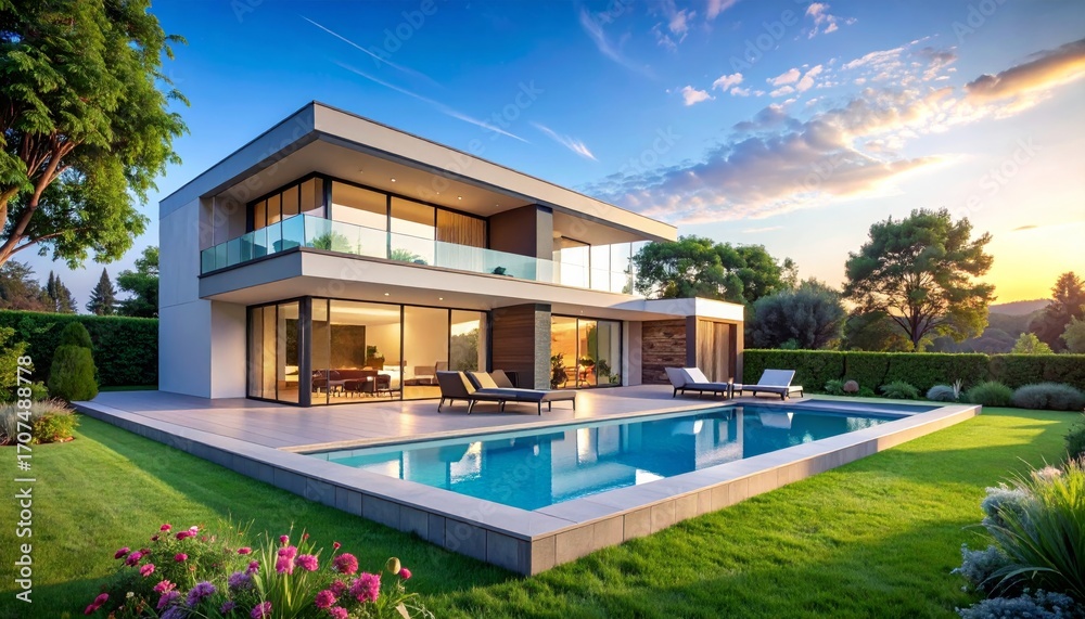 Fototapeta premium Relaxing night swimming in a luxurious hotel pool with tropical palm trees and a beautiful sky