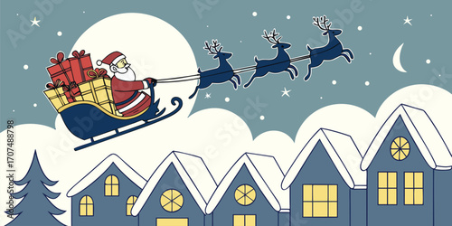Santa Claus delivering gifts illustration. Santa in sleigh with reindeer flying over snowy rooftops, holding gift bags. Magical and joyful Christmas concept.