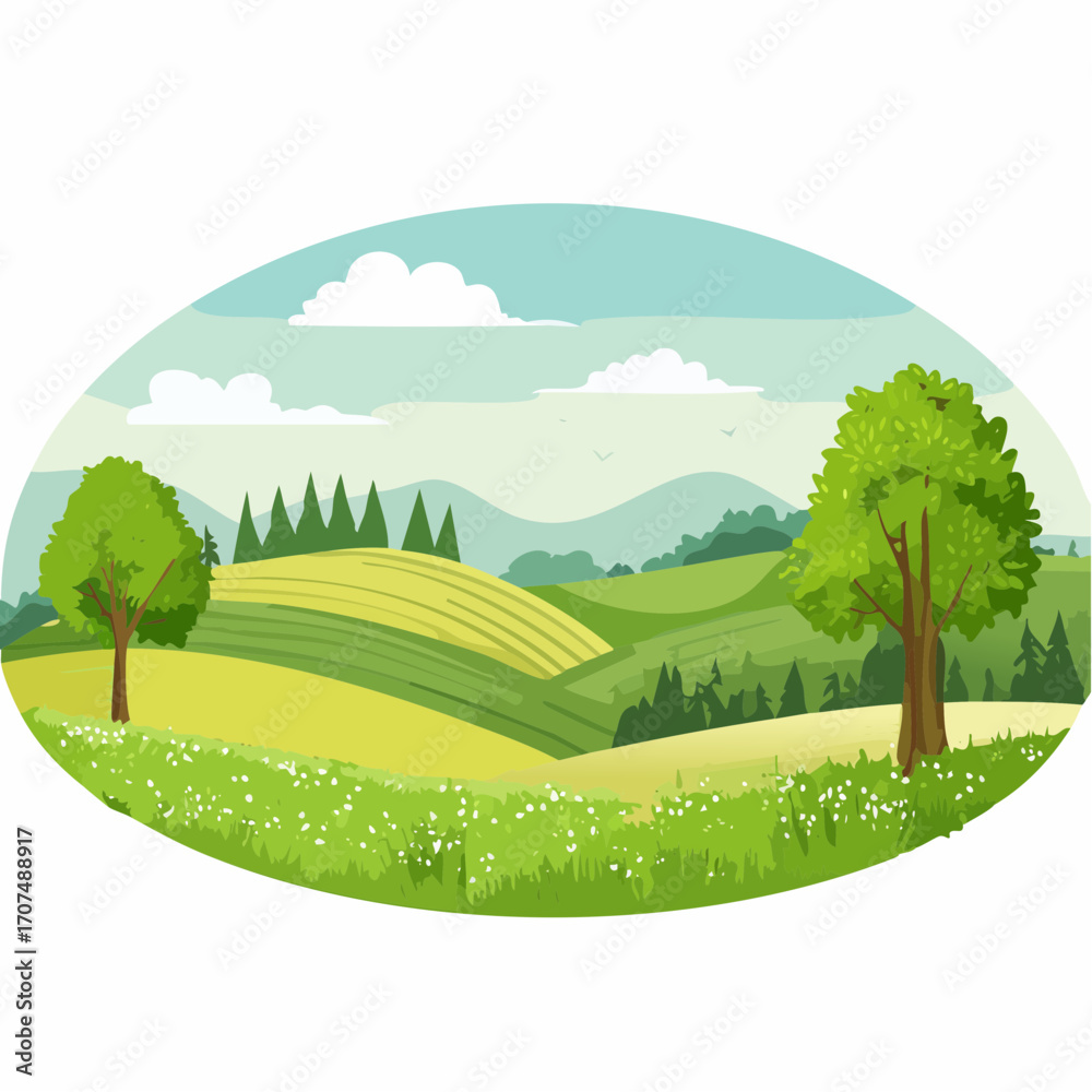 Fototapeta premium summer landscape with trees in the foreground and hills