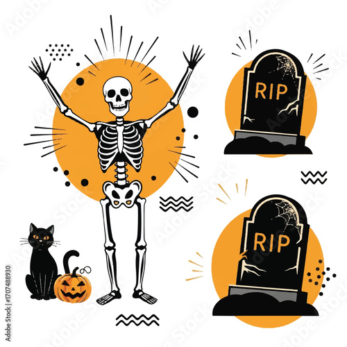 Halloween graphic design set with skeleton, tombstones, and a black cat.