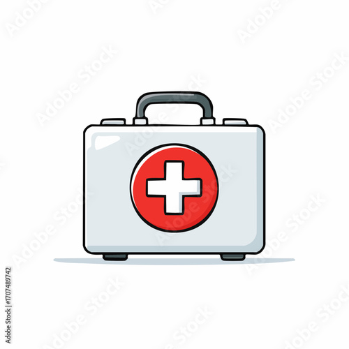 White first aid kit with red cross sitting on a white surface, ready for medical emergencies and healthcare needs.