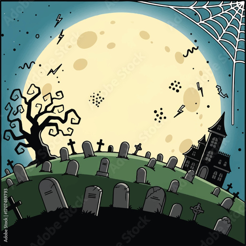 A spooky cartoon Halloween scene with a graveyard on a hill under a giant full moon and a haunted house.