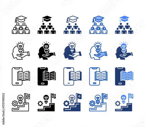 Graduation, Mobile Learning, Retention, Learning Journey, multiple style icon set.