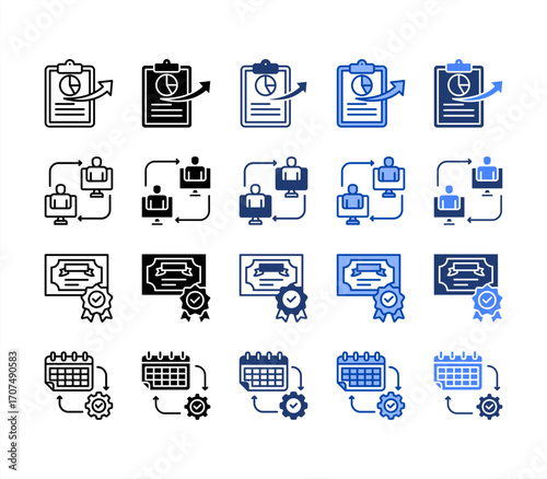 Reporting, Certification, Interaction, Schedule, multiple style icon set.