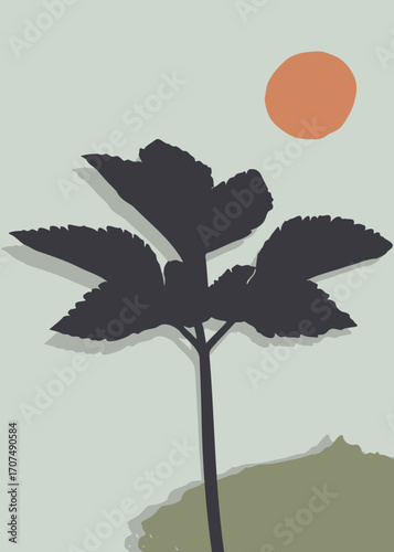 Norwegian cinquefoil floral silhouette with dark leaves, orange sun, and pastel tones on abstract background. Perfect for wallpaper, poster, print, card, packaging, banner, and modern artwork.
