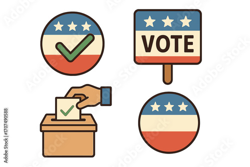 USA election vector icon set. Hand putting ballot in box, vote sign and American flag patriotic badges. Political campaign, democracy & voting cartoon illustration.