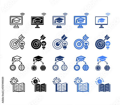 Online Learning, Education, Objective, Synchronous, multiple style icon set.