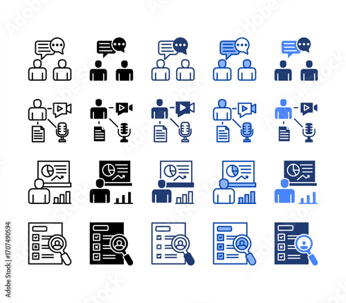 Discussion, Statistics, Multimedia, Assessment, multiple style icon set.