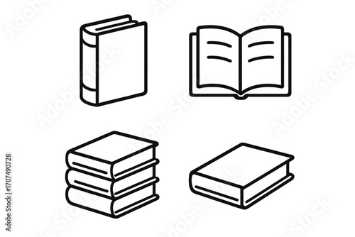 Book icon set. Linear icons collection. Vector illustration for education, library, learning concepts. Stack of books, open book, closed book symbols for reading or study.