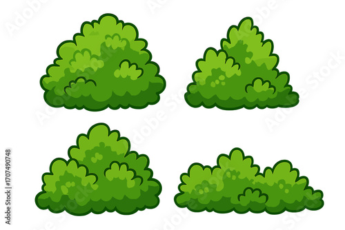 Cartoon bush and shrub vector icon set. Green foliage illustration for garden or park landscape design. Natural vegetation graphic element collection on transparent background.