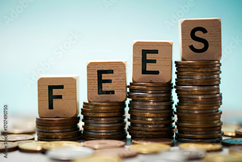 Close-up of wooden blocks spelling out FEES on top of growing piles of coins.