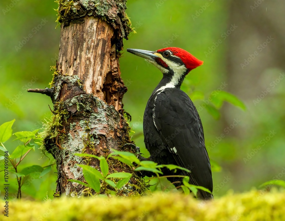 Fototapeta premium Woodpecker perched on a mossy tree trunk