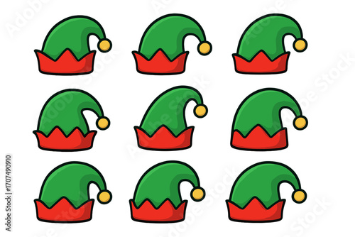 Elf hat vector icon set. Christmas holiday decoration. Cute cartoon illustration of Santa's little helper hats with jingle bells. Festive winter graphic element collection.