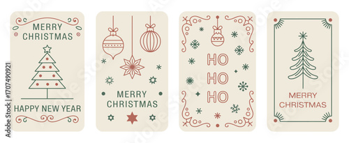 Art Deco Style Minimal Christmas Vector with Tree, Baubles, and Ho Ho Ho Outline. Modern Line Art for Holiday Cards, Party Invites, Menus, and Social Posts