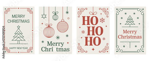 Art Deco Christmas Tree, Ho Ho Ho Text, and Baubles Outline Vector. Elegant Line Illustration for Holiday Invitations, Menus, Postcards, Prints, and Social Media Templates