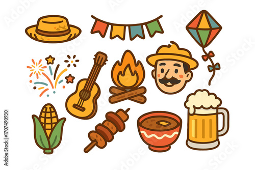 Festa Junina icon set. Brazilian June Party celebration. Vector cartoon illustration with traditional food, music, and festive elements like bonfire, corn, guitar, and hat.