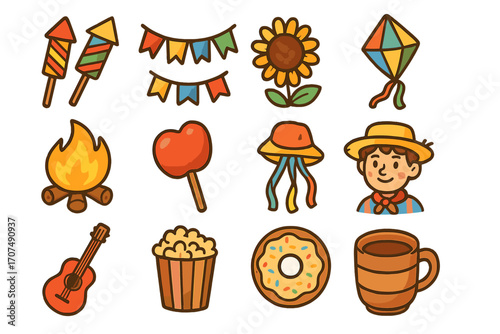 Festa Junina icon set. Brazilian June Festival cartoon elements. Vector collection with bonfire, popcorn, guitar, flags, and traditional food. São João party symbols.